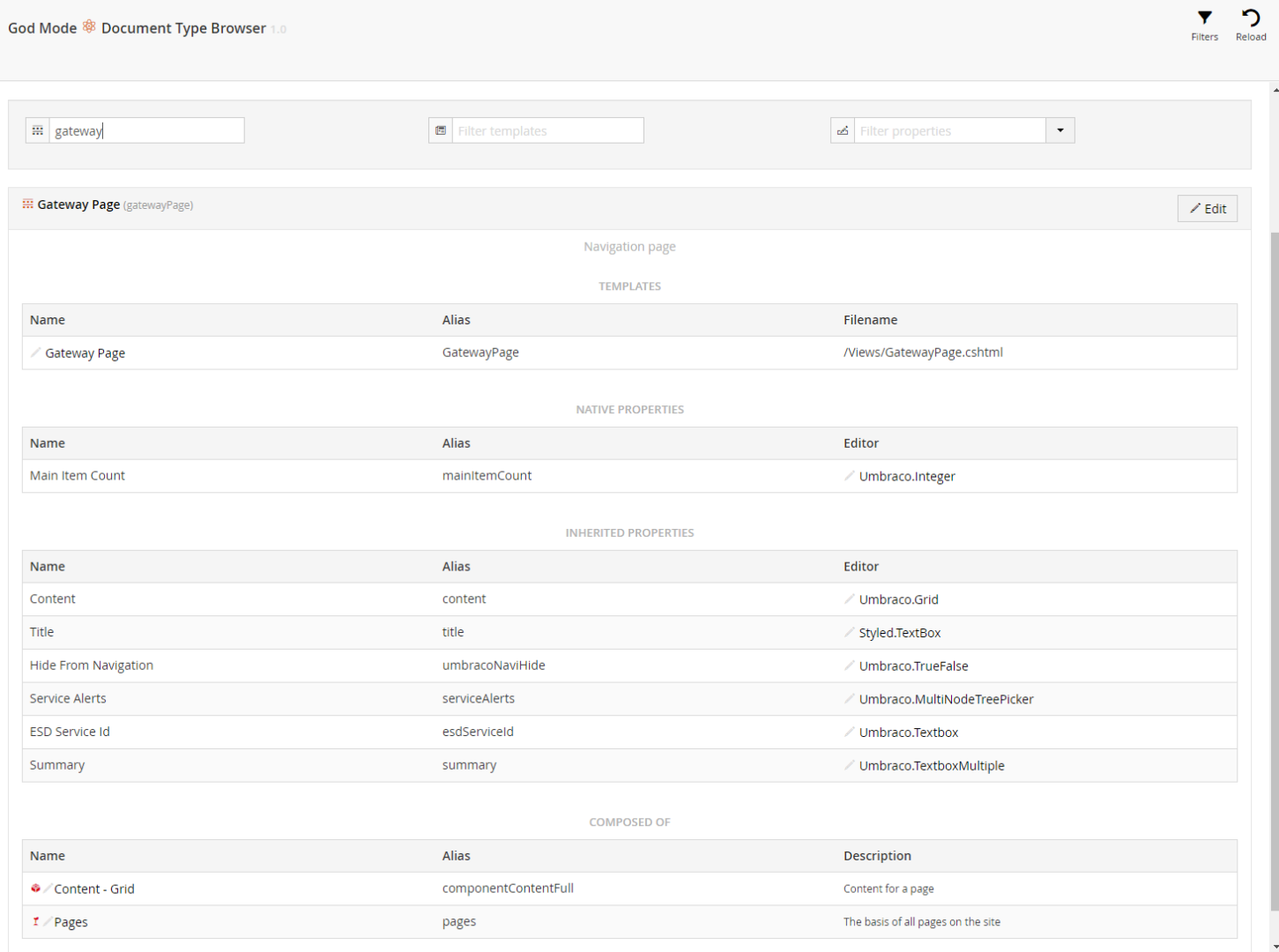 Umbraco 7 Document Type Browser