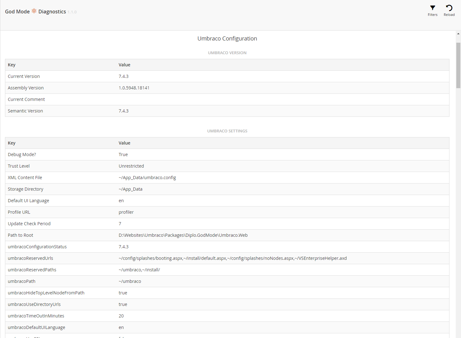 Umbraco Settings Diagnostics