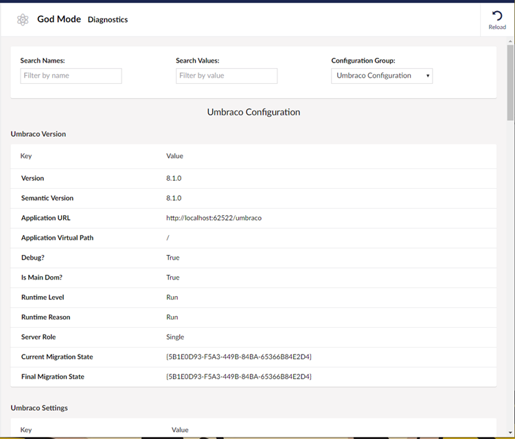 God Mode Umbraco diagnostics and settings